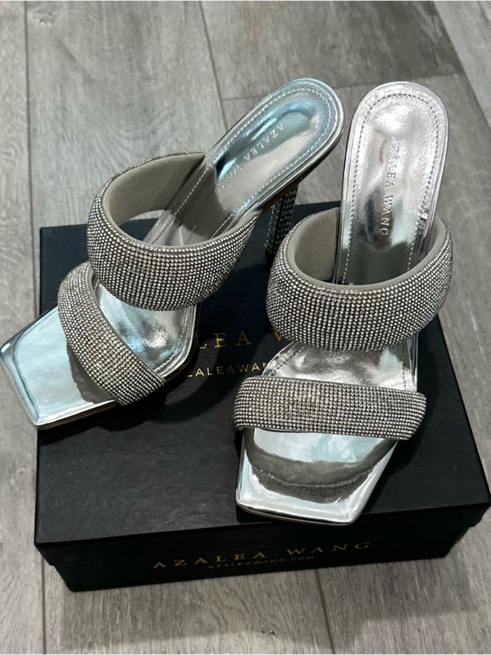 Azalea Wang Akira Silver Crystal-Strap Heeled Mules